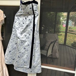 Custom light blue/midnight blue evening gown w hand sewn flowers velvet trim.